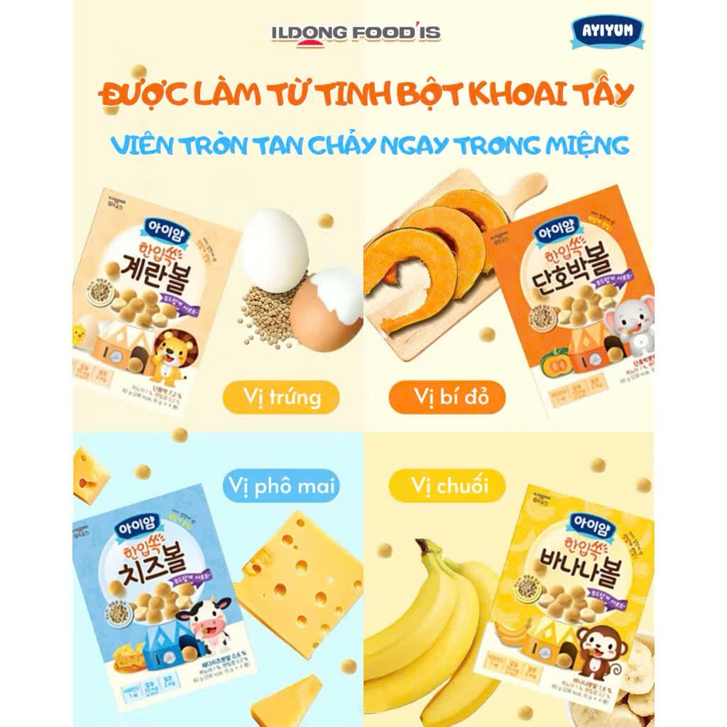 Bánh Bi Ăn Dặm ILDONG Ayiyum Hàn Quốc 60g Cho Bé 12M+. Bánh Snack Dễ Tan Tập Bốc Nhón