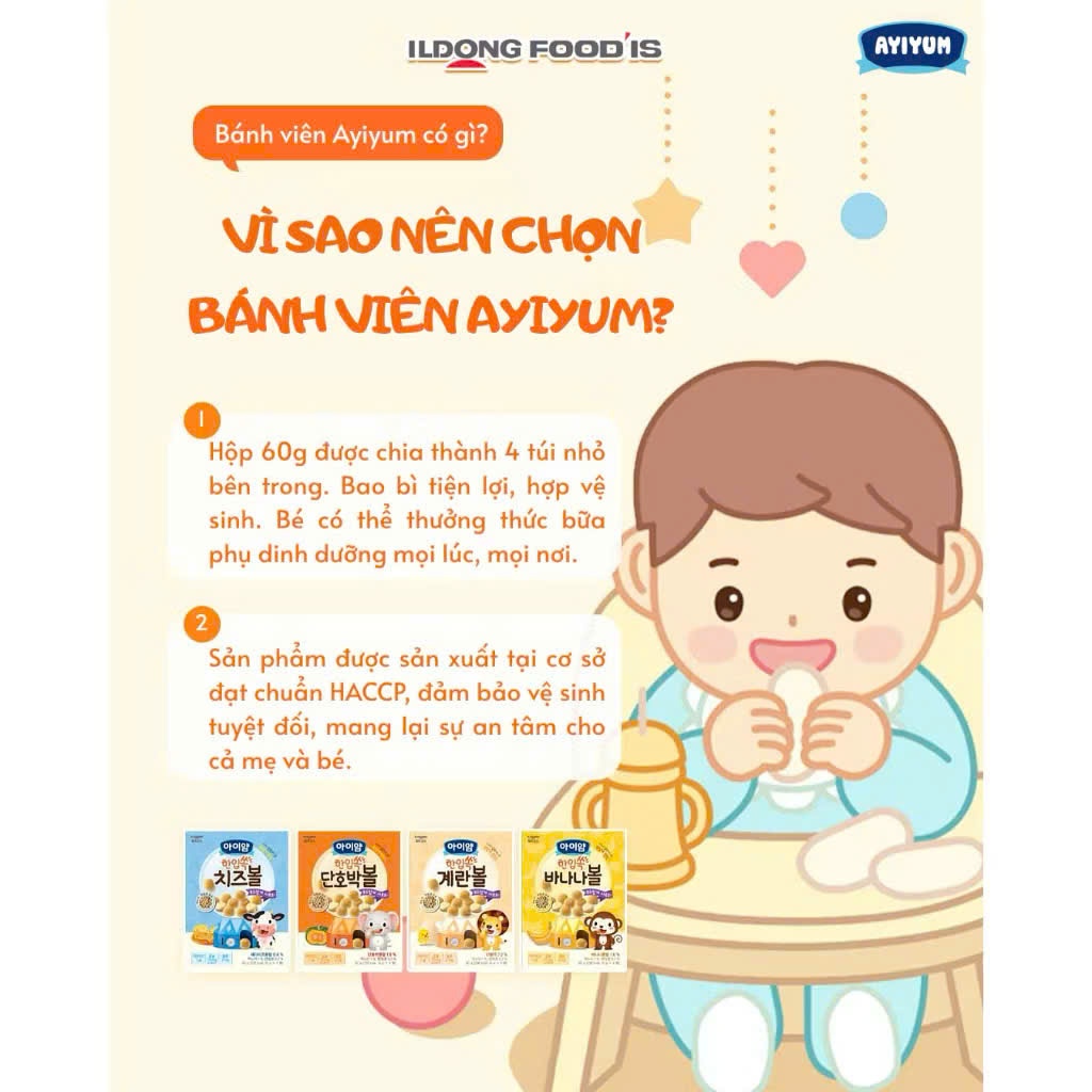 Bánh Bi Ăn Dặm ILDONG Ayiyum Hàn Quốc 60g Cho Bé 12M+. Bánh Snack Dễ Tan Tập Bốc Nhón