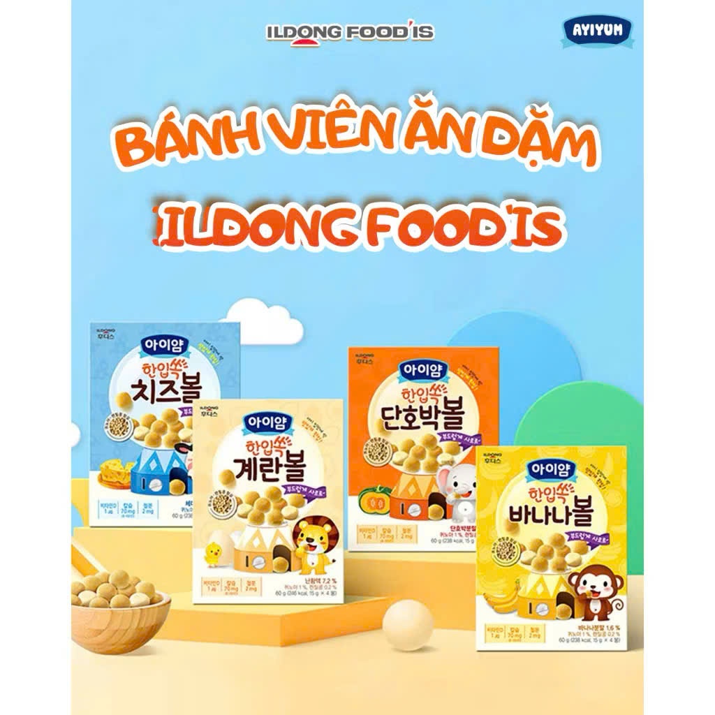 Bánh Bi Ăn Dặm ILDONG Ayiyum Hàn Quốc 60g Cho Bé 12M+. Bánh Snack Dễ Tan Tập Bốc Nhón