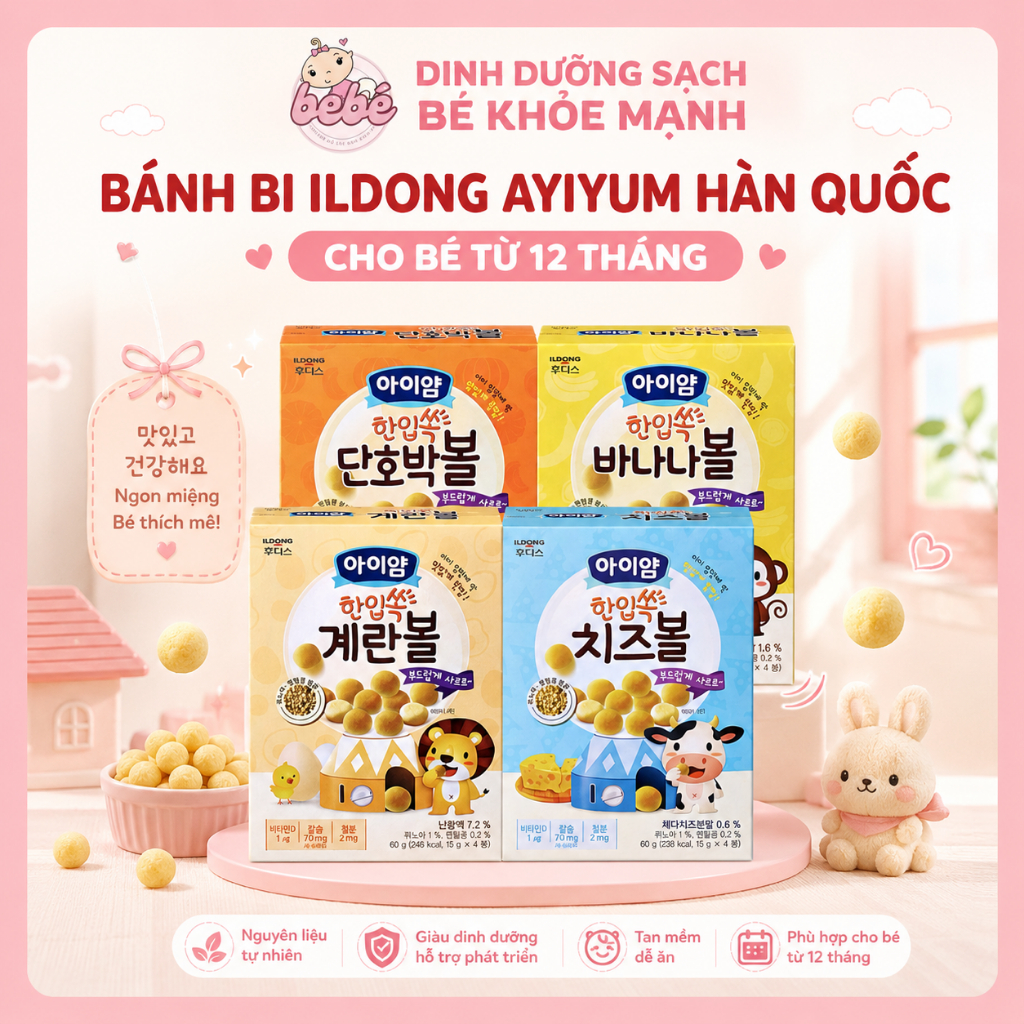 Bánh Bi Ăn Dặm ILDONG Ayiyum Hàn Quốc 60g Cho Bé 12M+. Bánh Snack Dễ Tan Tập Bốc Nhón