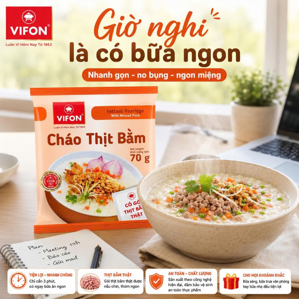 Cháo Thịt Bằm Vifon 70G Thùng 50 Gói - Có Gói Thịt Bằm Thật, Cháo Mịn Thơm, Ăn Nhanh Cực Tiện