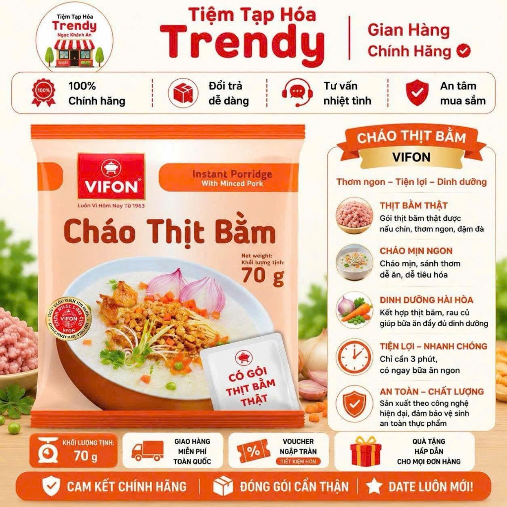 Cháo Thịt Bằm Vifon 70G Thùng 50 Gói - Có Gói Thịt Bằm Thật, Cháo Mịn Thơm, Ăn Nhanh Cực Tiện