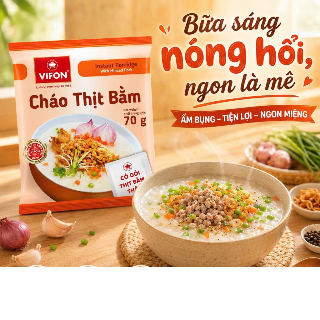 Cháo Thịt Bằm Vifon 70G Thùng 50 Gói - Có Gói Thịt Bằm Thật, Cháo Mịn Thơm, Ăn Nhanh Cực Tiện