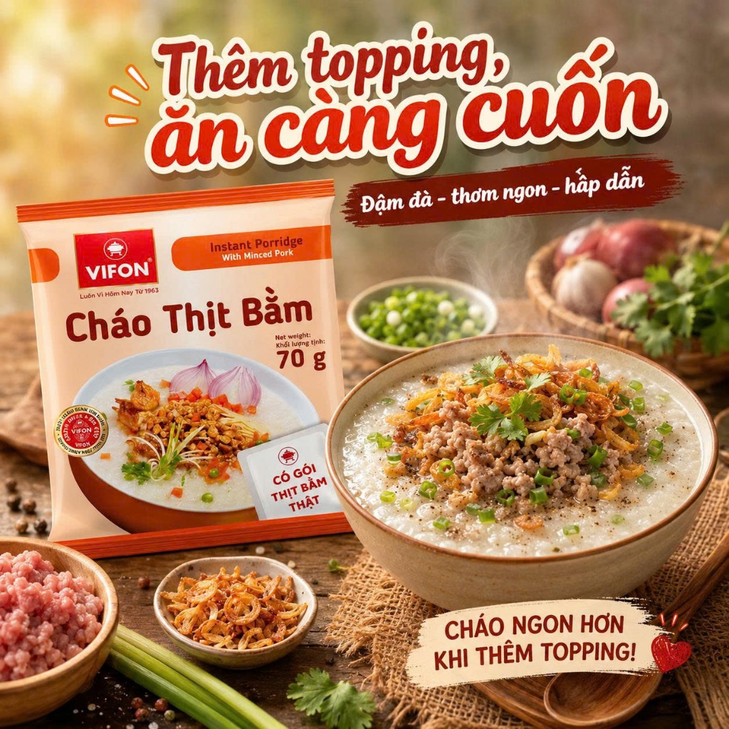 Cháo Thịt Bằm Vifon 70G Thùng 50 Gói - Có Gói Thịt Bằm Thật, Cháo Mịn Thơm, Ăn Nhanh Cực Tiện