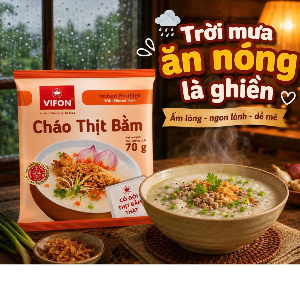 Cháo Thịt Bằm Vifon 70G Thùng 50 Gói - Có Gói Thịt Bằm Thật, Cháo Mịn Thơm, Ăn Nhanh Cực Tiện