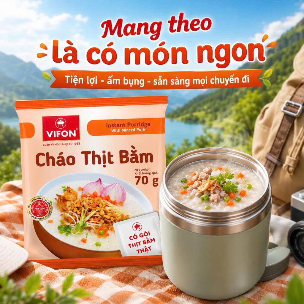 Cháo Thịt Bằm Vifon 70G Thùng 50 Gói - Có Gói Thịt Bằm Thật, Cháo Mịn Thơm, Ăn Nhanh Cực Tiện