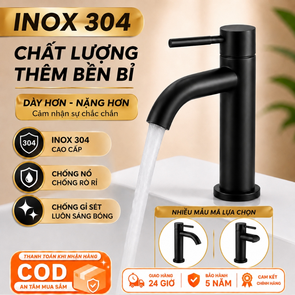 Vòi bồn rửa măt Vòi Lavabo Lạnh Màu Đen Inox 304 Nhập Khẩu Cao Cấp, Vòi Rửa Mặt Đặt Bàn Chống Gỉ Dễ Lắp