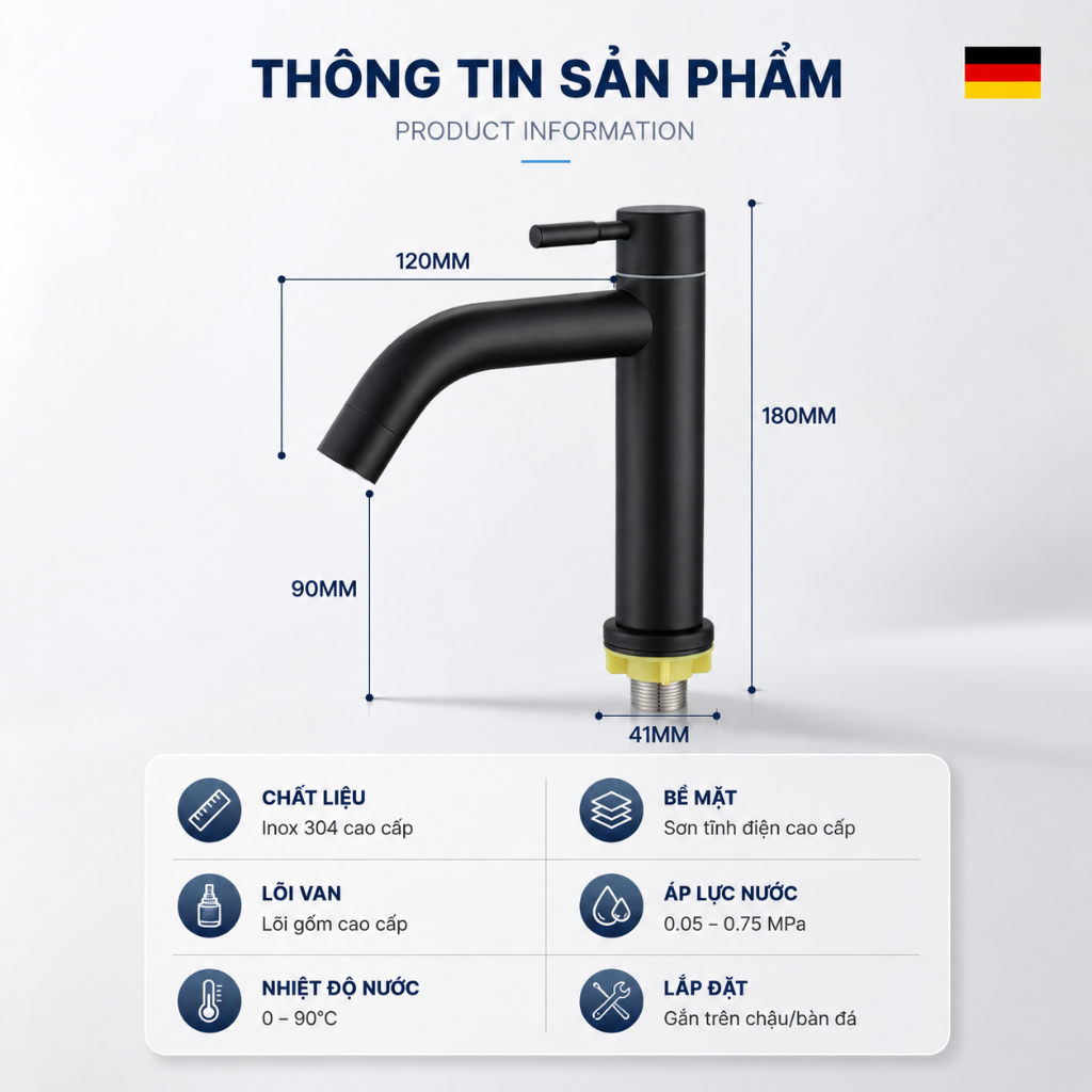 Vòi bồn rửa măt Vòi Lavabo Lạnh Màu Đen Inox 304 Nhập Khẩu Cao Cấp, Vòi Rửa Mặt Đặt Bàn Chống Gỉ Dễ Lắp