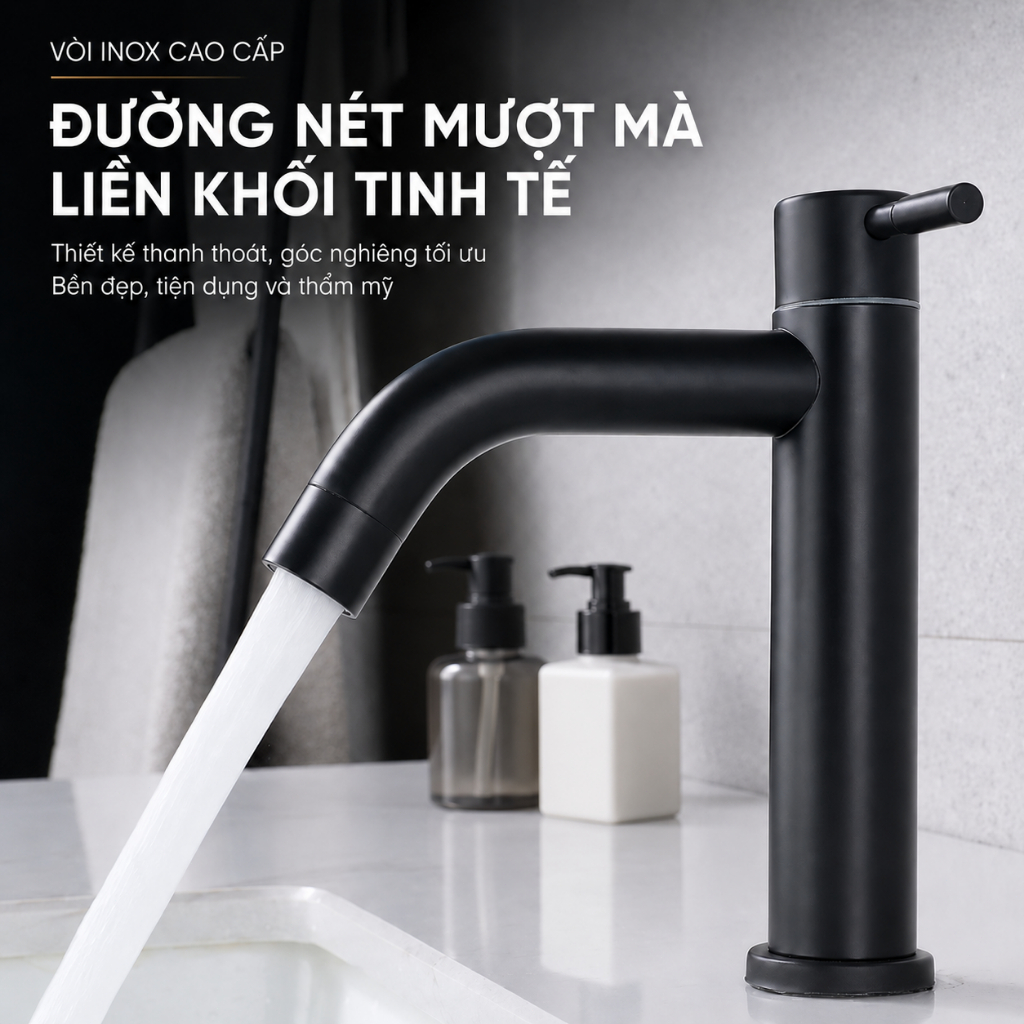 Vòi bồn rửa măt Vòi Lavabo Lạnh Màu Đen Inox 304 Nhập Khẩu Cao Cấp, Vòi Rửa Mặt Đặt Bàn Chống Gỉ Dễ Lắp