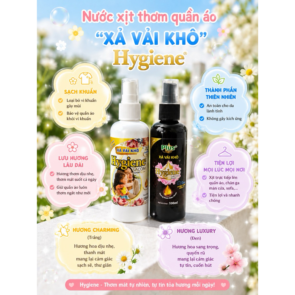 Xịt thơm quần áo hygienc xả vải khô 100ml mix 3 mùi