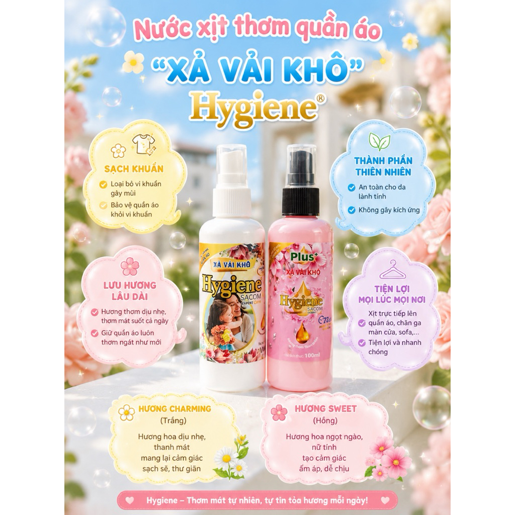 Xịt thơm quần áo hygienc xả vải khô 100ml mix 3 mùi