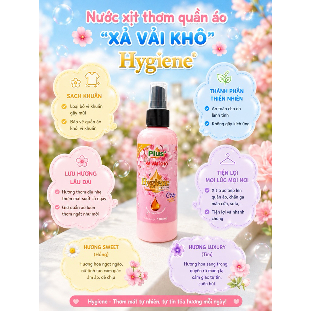 Xịt thơm quần áo hygienc xả vải khô 100ml mix 3 mùi