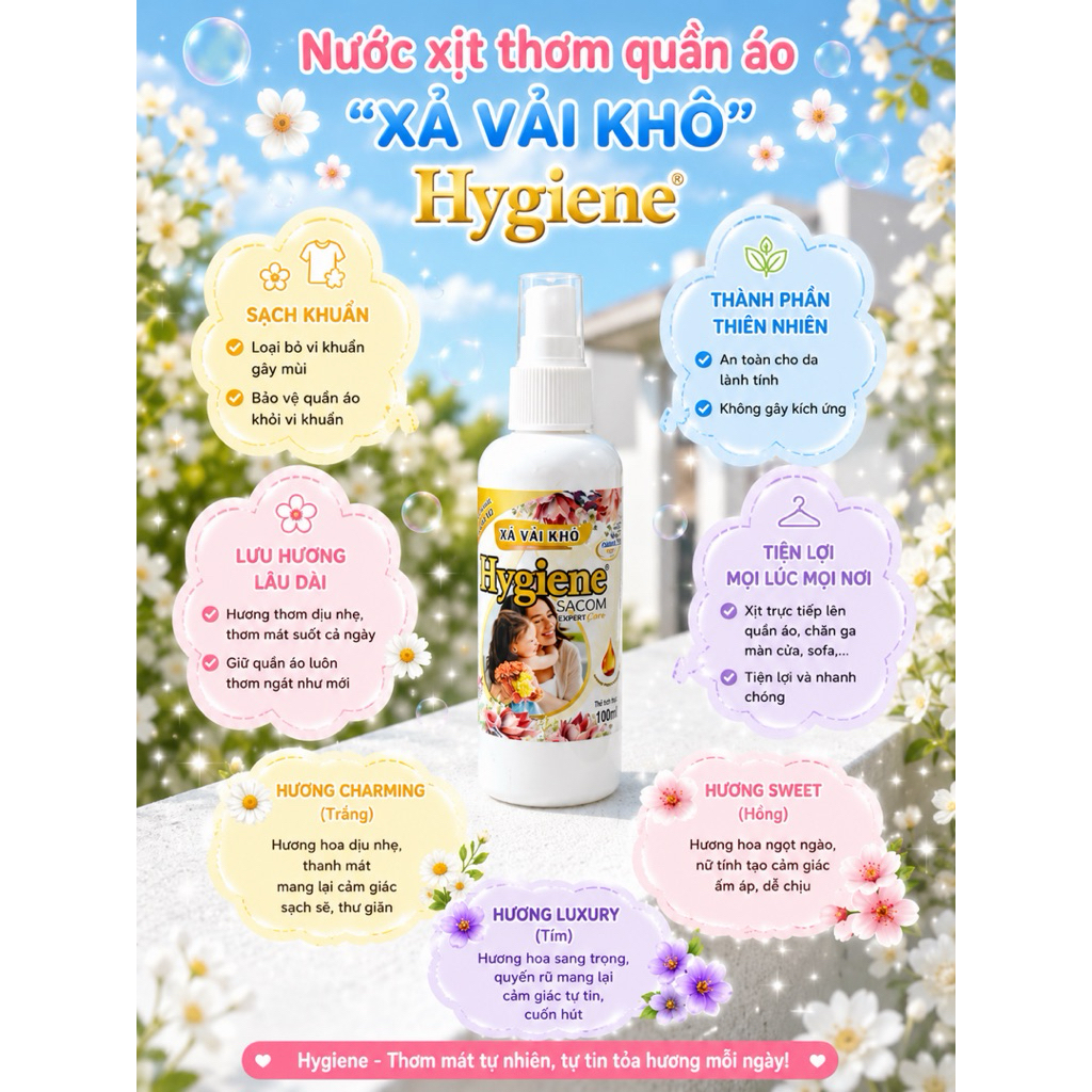 Xịt thơm quần áo hygienc xả vải khô 100ml mix 3 mùi