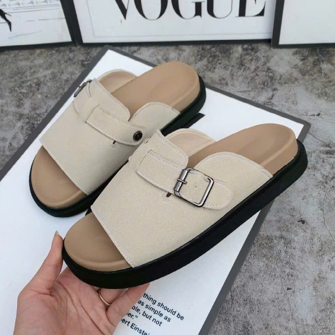 Dép  Quai Ngang Nữ, Dép Lê Quai Ngang Da Lộn Khuy Vuông Hàng Đẹp Hot Trend N18.