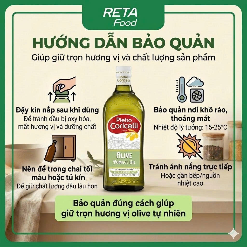 Dầu Oliu Pomace Pietro Coricelli 1L Chịu Nhiệt Cao - Chiên Xào, Áp Chảo, Nấu Ăn Hằng Ngày - Nhập Khẩu Ý