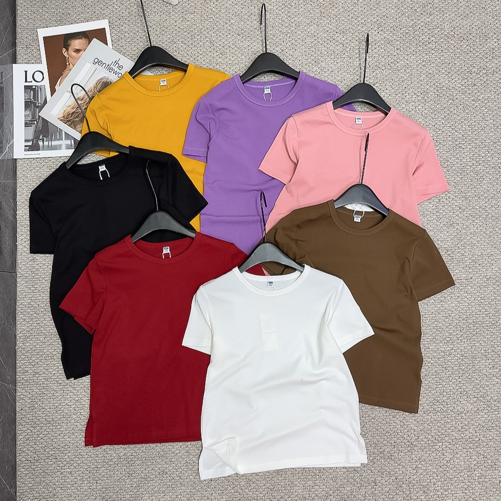 Áo Thun Nữ Cotton Xẻ Tà Form Regular Tay Ngắn Basic Co Giãn Thoáng Mát Dễ Phối Đồ OHANLY