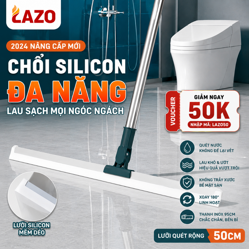 Chổi Silicon Lazo đa năng, Chổi silicon quét sàn và gạt nước đầu xoay 180 độ linh hoạt