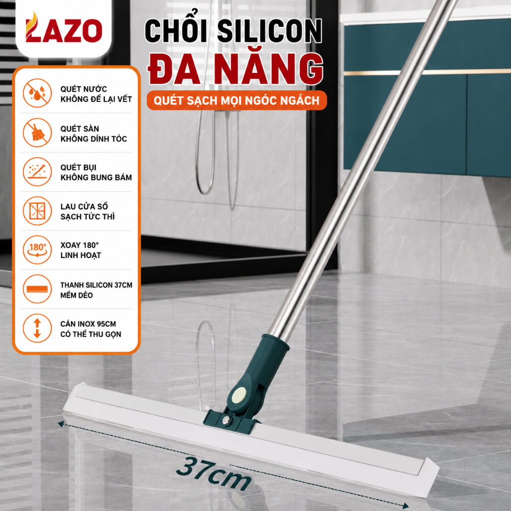 Chổi Silicon Lazo đa năng, Chổi silicon quét sàn và gạt nước đầu xoay 180 độ linh hoạt