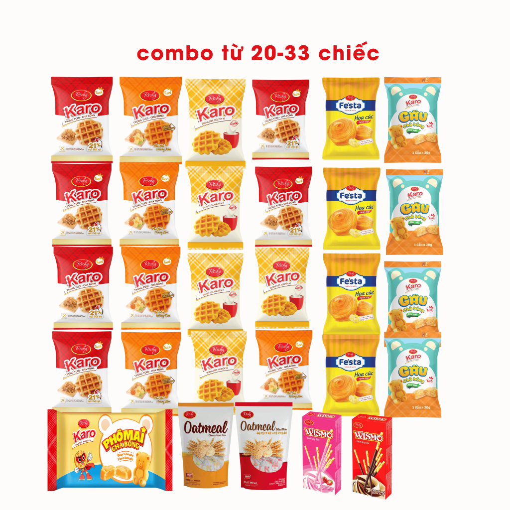 [ TẶNG QUẠT MINI ĐƠN TỪ 250K] Set bánh tươi mix vị từ 24-36 chiếc karo: gà, phô mai, sữa, gấu, festa hoa cúc, yến mạch.