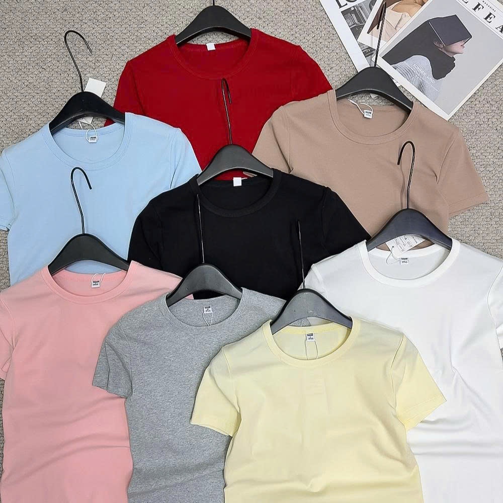 Áo Thun Nữ Cổ Tròn Cotton Co Giãn Form Ôm Basic Tay Ngắn Áo Phông Trơn Dễ Phối Đồ OHANLY
