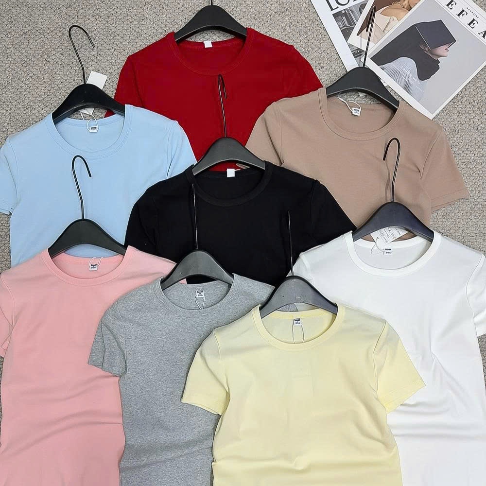 Áo Thun Nữ Cổ Tròn Cotton Co Giãn Form Ôm Basic Tay Ngắn Áo Phông Trơn Dễ Phối Đồ OHANLY