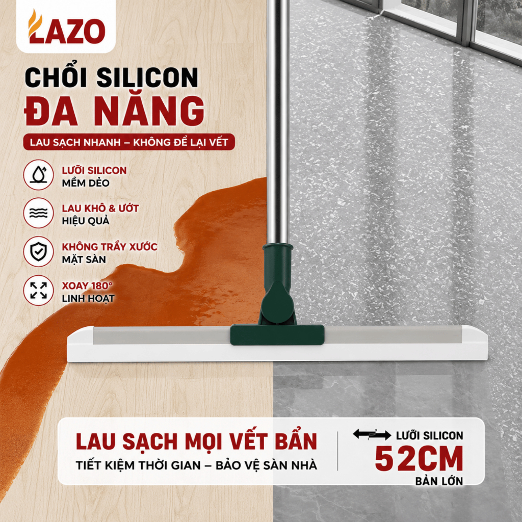 Chổi Silicon Lazo đa năng, Chổi silicon quét sàn và gạt nước đầu xoay 180 độ linh hoạt