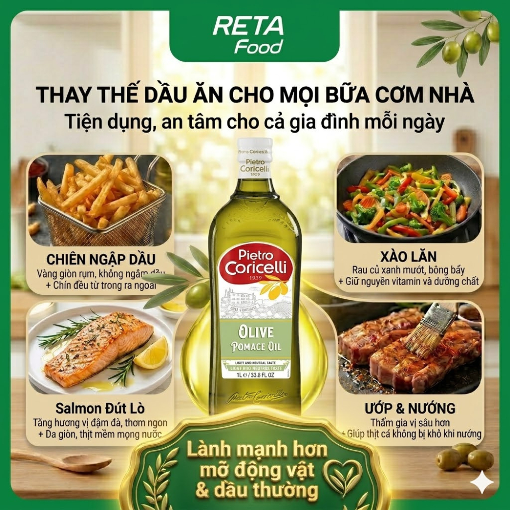 Dầu Oliu Pomace Pietro Coricelli 1L Chịu Nhiệt Cao - Chiên Xào, Áp Chảo, Nấu Ăn Hằng Ngày - Nhập Khẩu Ý