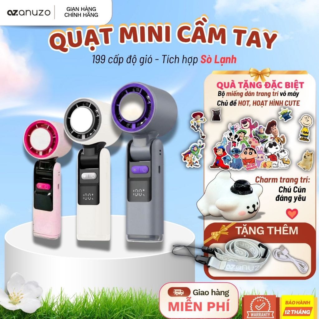 Quạt Cầm Tay Mini  Tubor Tốc Độ Gió Siêu Mạnh Pin 5000mAh Có Sò Lạnh Gập Gọn 180 Độ Có Đèn Pin