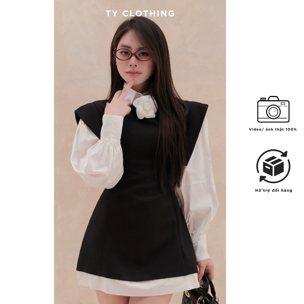 [ TY CLOTHING ] Set váy dạ phối hoa cài Màu Đen - Set 3 món - Hàng Thiết Kế - TY CLOTHING