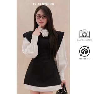 Set váy dạ phối hoa cài Màu Đen - Set 3 món - Hàng Thiết Kế - TY CLOTHING