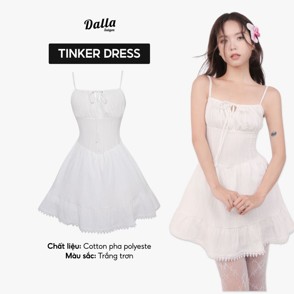 DALLA Đầm dây xòe phối ren nhún ngực (D06) Tinker Dress