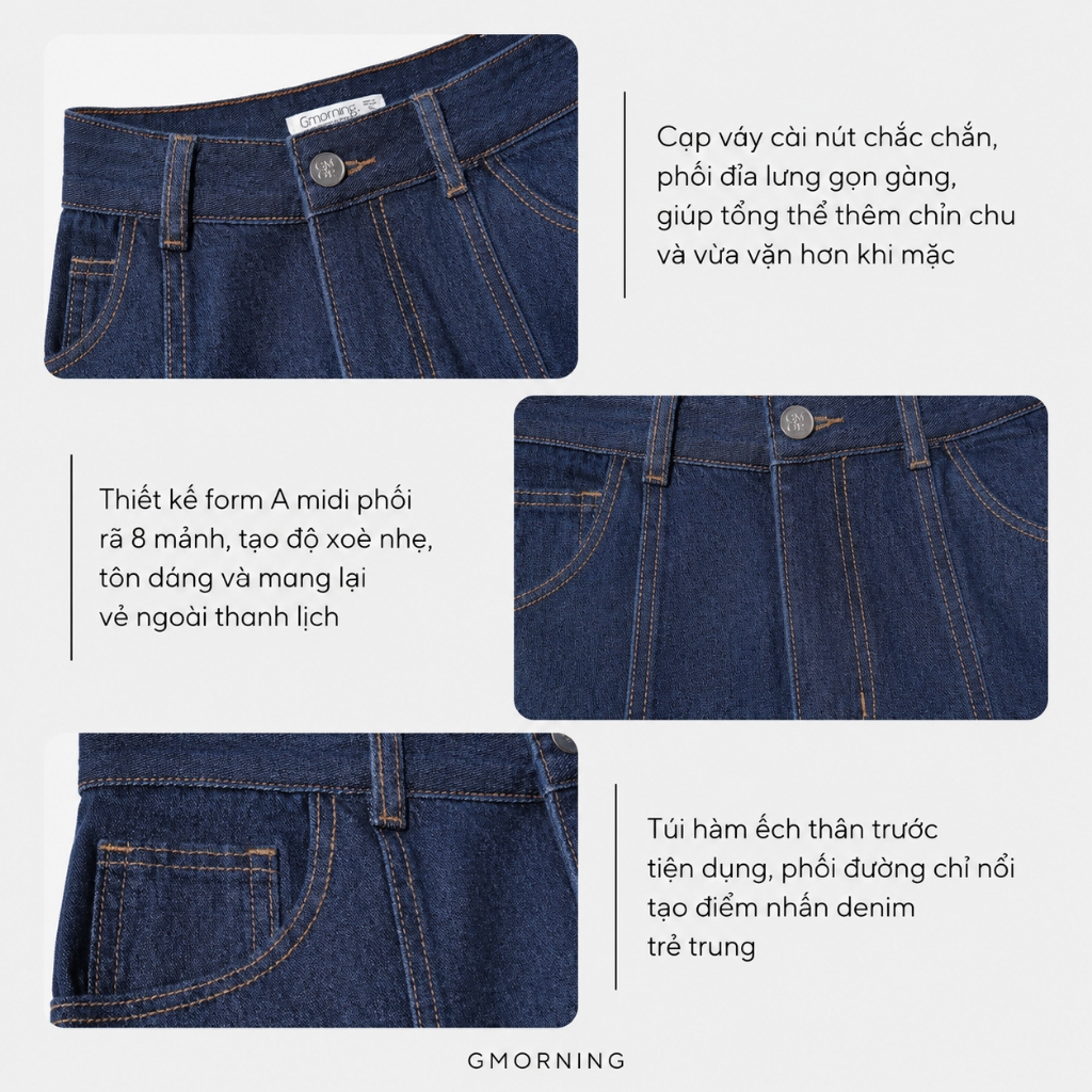 Chân Váy Midi Denim GMORNING Form A Cách Điệu Phối Chỉ Vàng Trẻ Trung YVJG04010