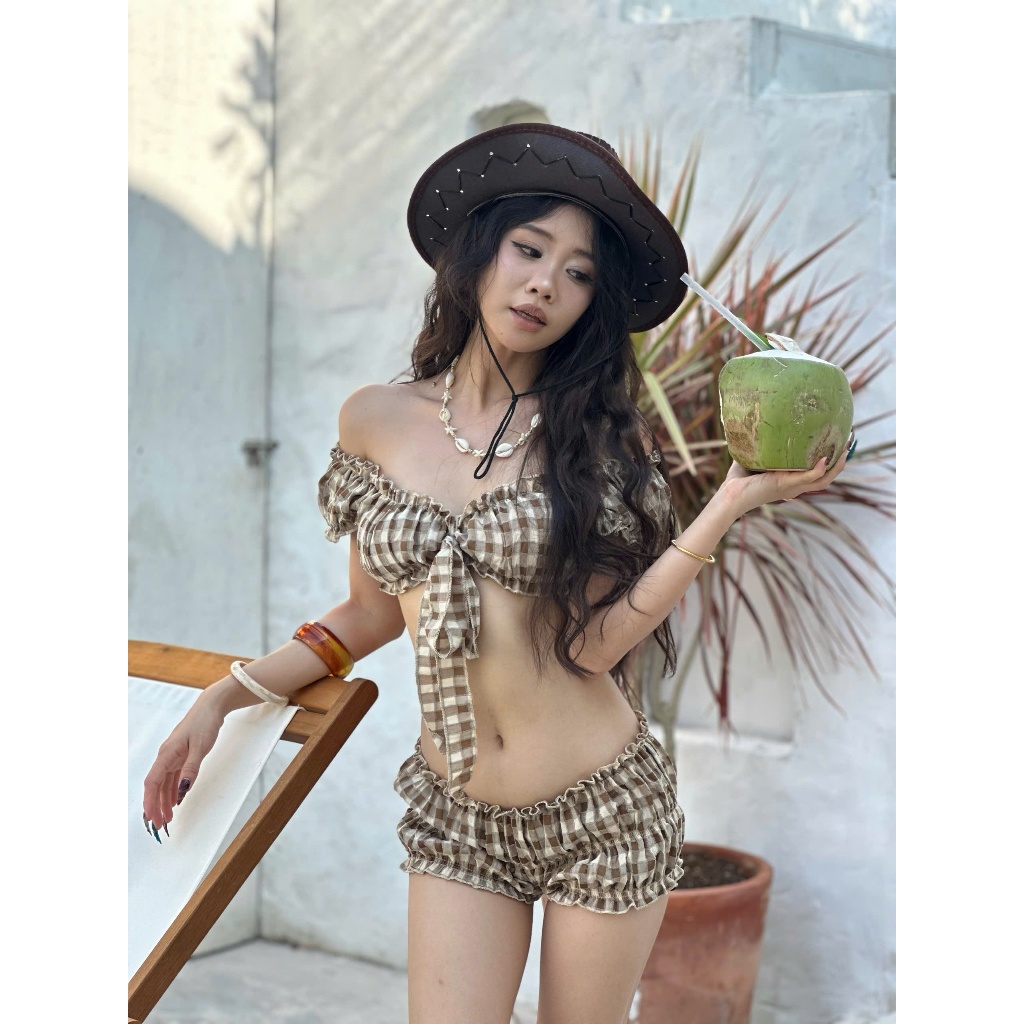 MARE SET - Set Áo Croptop Buộc Dây Và Quần Bí Thun Co Giãn Năng Động Mùa Hè