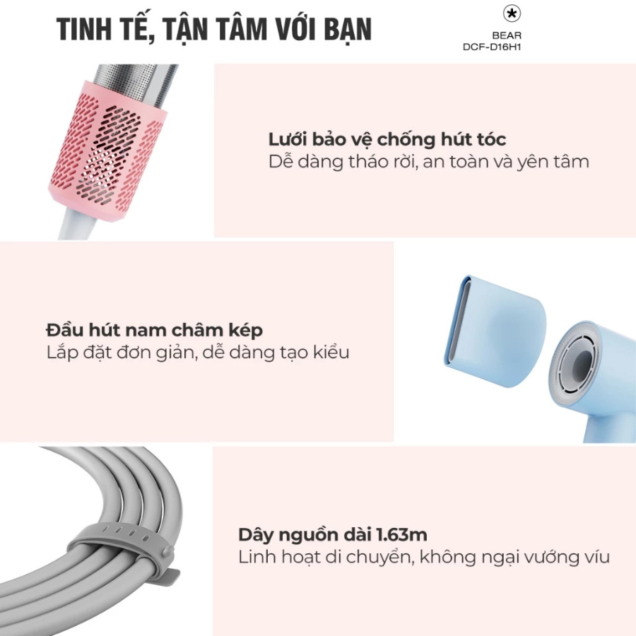 Máy Sấy Tóc Ion Âm Bear DCF-D16H1 - Công Suất 1600W, 5 Chế Độ Sấy, Máy Sấy Nhanh - Hàng Chính Hãng
