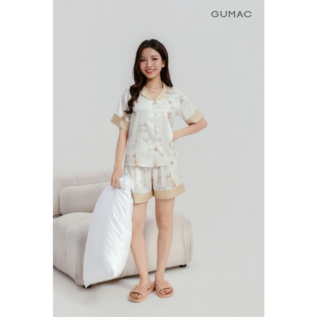 Đồ Mặc Nhà Pyjama Nữ GUMAC Quần Ngắn Chất Liệu Lụa Vân Gỗ Mềm Mại Thoáng Mát
