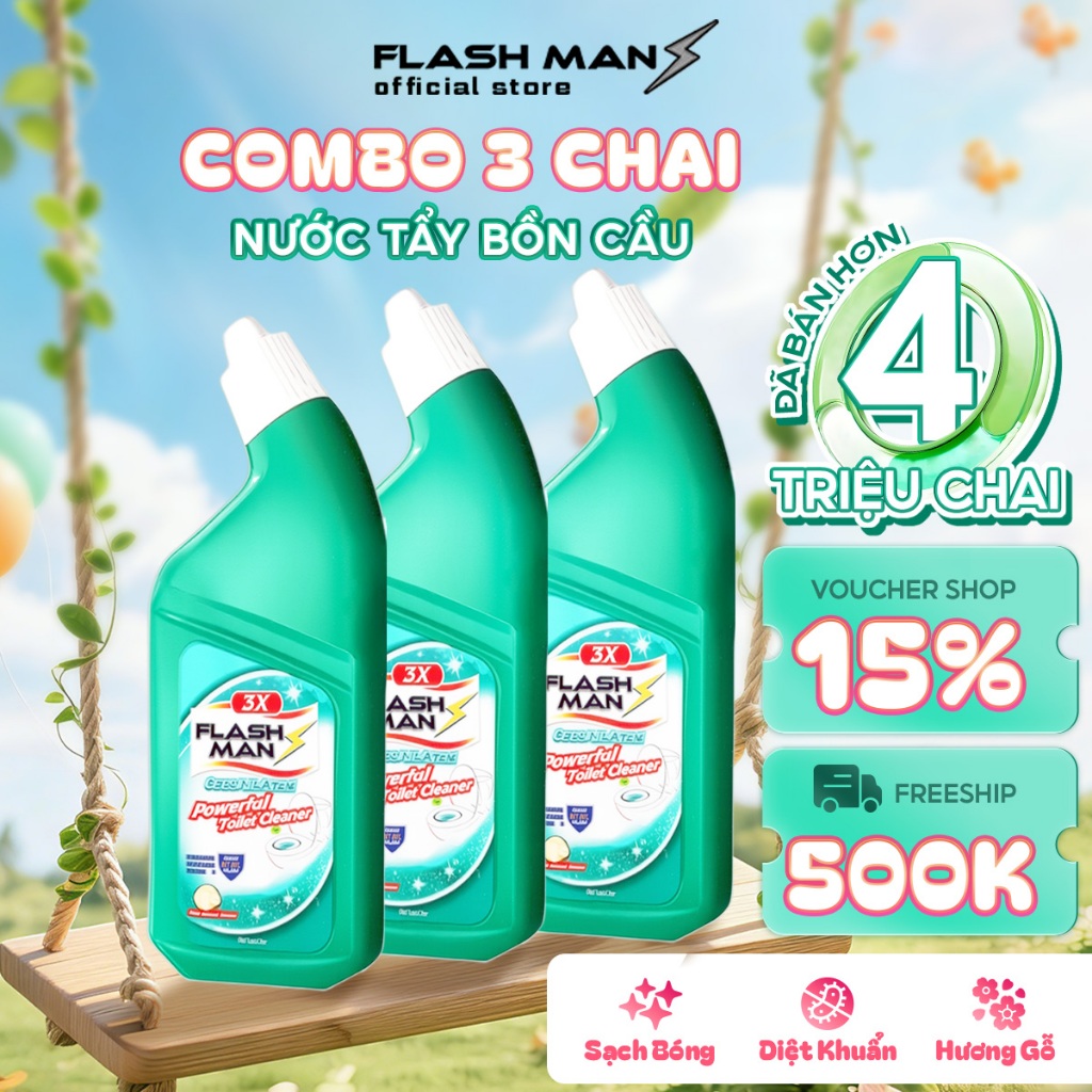 [COMBO 3 CHAI] Nước Tẩy Bồn Cầu Flashman 500g – Diệt Khuẩn 99.9% – Khử Mùi, Tẩy Sạch Vết Bẩn