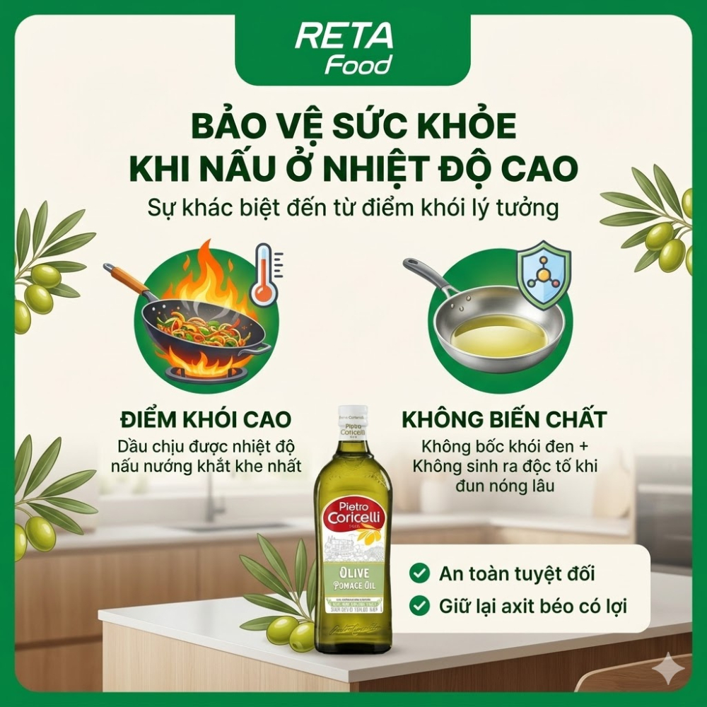 Dầu Oliu Pomace Pietro Coricelli 1L Chịu Nhiệt Cao - Chiên Xào, Áp Chảo, Nấu Ăn Hằng Ngày - Nhập Khẩu Ý