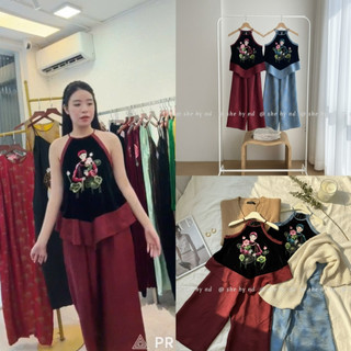 Sét áo nhung the cổ yếm viền lụa thêu Thiếu nữ bên hoa sen + quần xuông lụa #10142