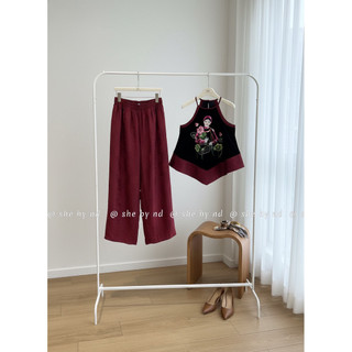 Sét áo nhung the cổ yếm viền lụa thêu Thiếu nữ bên hoa sen + quần xuông lụa #10142