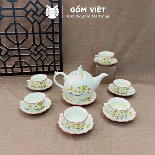 Bộ ấm chén dáng bưởi lửa men trắng vẽ tay 500ml gốm sứ Bát Tràng - Quà tặng cao cấp, in theo yêu cầu - Gốm Việt Pottery