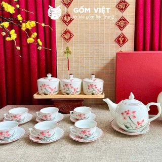 Bộ ấm chén dáng bưởi lửa men trắng vẽ tay 500ml gốm sứ Bát Tràng - Quà tặng cao cấp, in theo yêu cầu - Gốm Việt Pottery