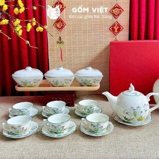 Bộ ấm chén dáng bưởi lửa men trắng vẽ tay 500ml gốm sứ Bát Tràng - Quà tặng cao cấp, in theo yêu cầu - Gốm Việt Pottery