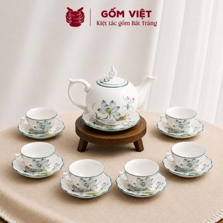 Bộ ấm chén dáng bưởi lửa men trắng vẽ tay 500ml gốm sứ Bát Tràng - Quà tặng cao cấp, in theo yêu cầu - Gốm Việt Pottery