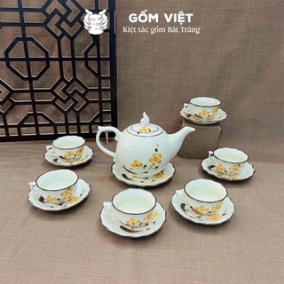 Bộ ấm chén dáng bưởi lửa men trắng vẽ tay 500ml gốm sứ Bát Tràng - Quà tặng cao cấp, in theo yêu cầu - Gốm Việt Pottery
