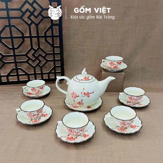 Bộ ấm chén dáng bưởi lửa men trắng vẽ tay 500ml gốm sứ Bát Tràng - Quà tặng cao cấp, in theo yêu cầu - Gốm Việt Pottery