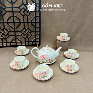 Bộ ấm chén dáng quả hồng men trắng vẽ tay 400ml gốm sứ Bát Tràng - Quà tặng cao cấp, in theo yêu cầu - Gốm Việt Pottery