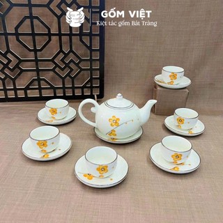 Bộ ấm chén dáng quả hồng men trắng vẽ tay 400ml gốm sứ Bát Tràng - Quà tặng cao cấp, in theo yêu cầu - Gốm Việt Pottery