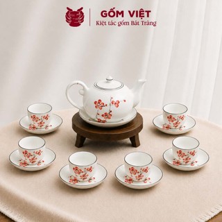 Bộ ấm chén dáng quả hồng men trắng vẽ tay 400ml gốm sứ Bát Tràng - Quà tặng cao cấp, in theo yêu cầu - Gốm Việt Pottery
