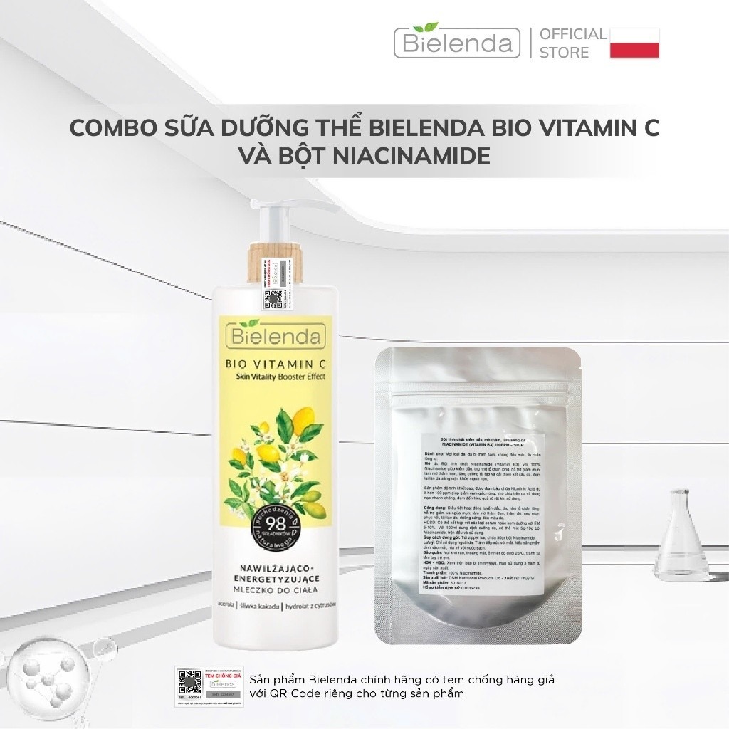 [BLOSSOM] Combo Sữa dưỡng thể trắng da Bielenda Bio Vitamin C bảo vệ da toàn diện 400ml + bột Niacinamide 25g