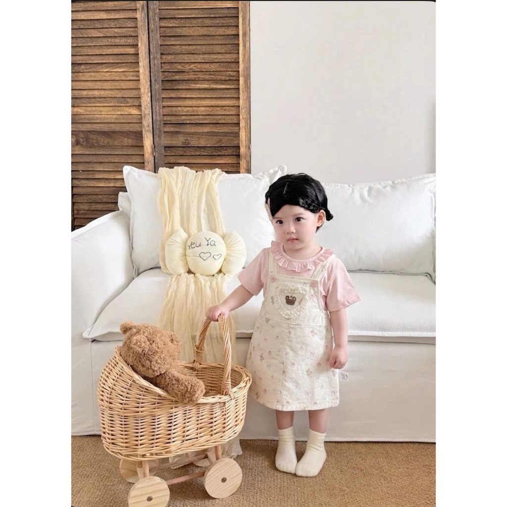 Sét Váy Yếm Bé Gái Dễ Thương Tệu Kids - Yếm Bé Gái Siêu Xinh Áo Coton Cổ Bèo Mùa Hè Cho Bé 11 - 21kg
